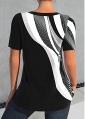 Geometric Print Button Black Short Sleeve Split Neck Blouse