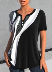 Geometric Print Button Black Short Sleeve Split Neck Blouse