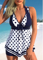 Polka Dot Lace Up Navy Swimdress Set