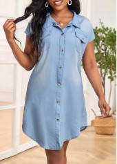 Pocket Belted Light Blue Short H Shape Dress