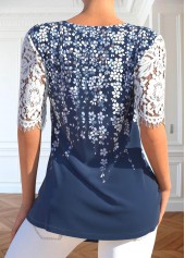 Floral Print Lace Blue V Neck T Shirt