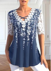 Floral Print Lace Blue V Neck T Shirt