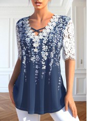 Floral Print Lace Blue V Neck T Shirt