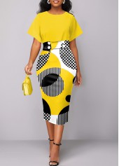 Geometric Print Round Neck Yellow Dress