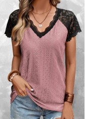 Pink V Neck Short Sleeve Lace T Shirt