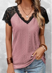 Pink V Neck Short Sleeve Lace T Shirt
