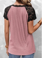 Pink V Neck Short Sleeve Lace T Shirt