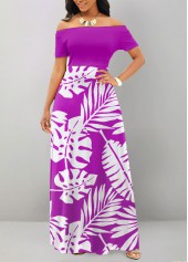 Leaf Print Patchwork Purple Off Shoulder Maxi Dress