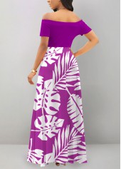 Leaf Print Patchwork Purple Off Shoulder Maxi Dress