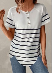 Plus Size White Button Striped T Shirt