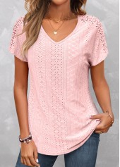 Pink V Neck Short Sleeve Lace T Shirt
