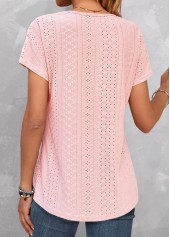 Pink V Neck Short Sleeve Lace T Shirt