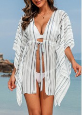 Striped Drawstring White Half Sleeve Cover Up