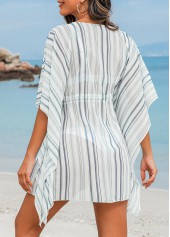Striped Drawstring White Half Sleeve Cover Up