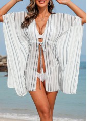 Striped Drawstring White Half Sleeve Cover Up