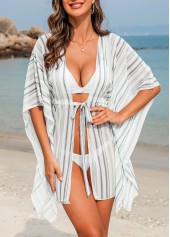 Striped Drawstring White Half Sleeve Cover Up