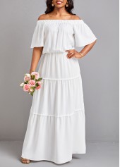 White Off Shoulder Patchwork Short Sleeve Maxi Dress