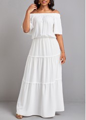 White Off Shoulder Patchwork Short Sleeve Maxi Dress