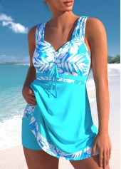 Floral Print Drawstring Cyan Swimdress Top-No Bottom