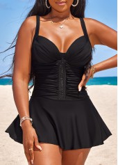 Ruched Black Circular Ring Swimdress Set