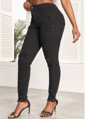Black Skinny Zipper Fly High Waisted Hole Jeans