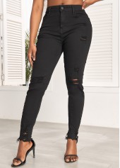 Black Skinny Zipper Fly High Waisted Hole Jeans