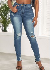 Denim Blue Skinny Zipper Fly Hole Jeans
