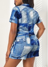 Zipper Denim Blue Turn Down Collar Top and Shorts