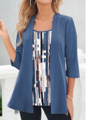 Geometric Print Fake 2in1 Blue Cardigan  and Tank Top