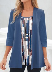 Geometric Print Fake 2in1 Blue Cardigan  and Tank Top