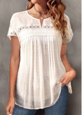 White Round Neck Short Sleeve Jacquard T Shirt