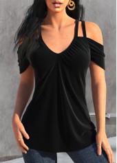 Ruched Black V Neck Cold Shoulder T Shirt