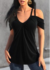 Ruched Black V Neck Cold Shoulder T Shirt