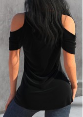 Ruched Black V Neck Cold Shoulder T Shirt