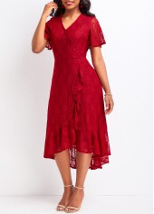 Wine Red High Low V Neck Lace Dress