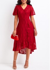 Wine Red High Low V Neck Lace Dress