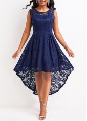 Navy High Low Scoop Neck Sleeveless Lace Dress