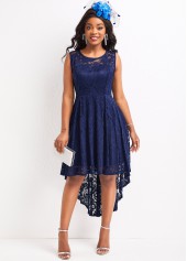 Navy High Low Scoop Neck Sleeveless Lace Dress
