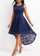 Navy High Low Scoop Neck Sleeveless Lace Dress