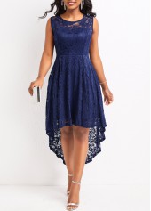 Navy High Low Scoop Neck Sleeveless Lace Dress