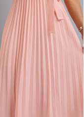 Pleated Belted Light Pink V Neck Dress