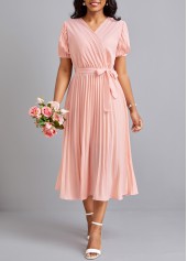 Pleated Belted Light Pink V Neck Dress