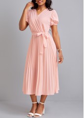 Pleated Belted Light Pink V Neck Dress