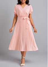Pleated Belted Light Pink V Neck Dress
