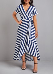 Striped Ruffle Blue V Neck Maxi Dress