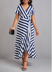 Striped Ruffle Blue V Neck Maxi Dress