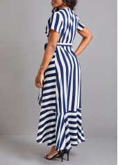 Striped Ruffle Blue V Neck Maxi Dress