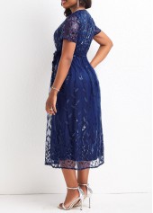 V Neck Mesh Belted Blue Short Sleeve Dress