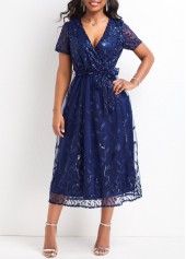 V Neck Mesh Belted Blue Short Sleeve Dress