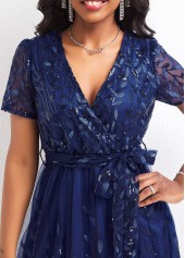 V Neck Mesh Belted Blue Short Sleeve Dress